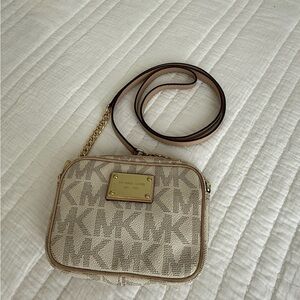 Michael Kors Cream and Brown Crossbody Bag with Monogram Print